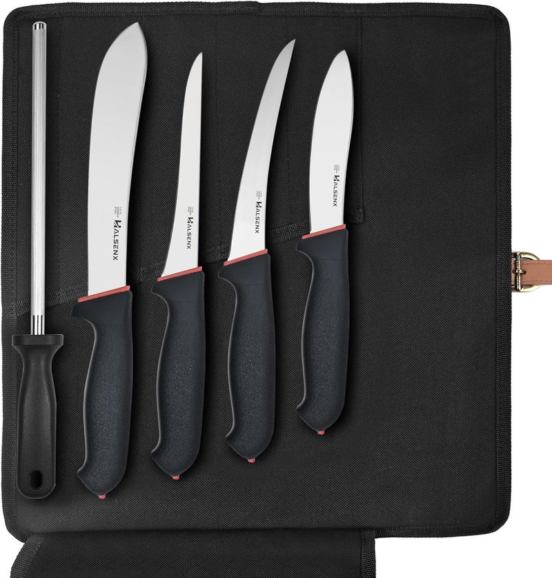 HALSENX 6PCS Professional Butcher Knife Set - 1.4116 German Steel & Softgrip, 8" Butcher, 6" Semi-Flex/Stiff Boning, 5" Skinning, 8" Sharpener Rod & Knife Roll Bag for Home Kitchen, Camping, Hunting - Image 1